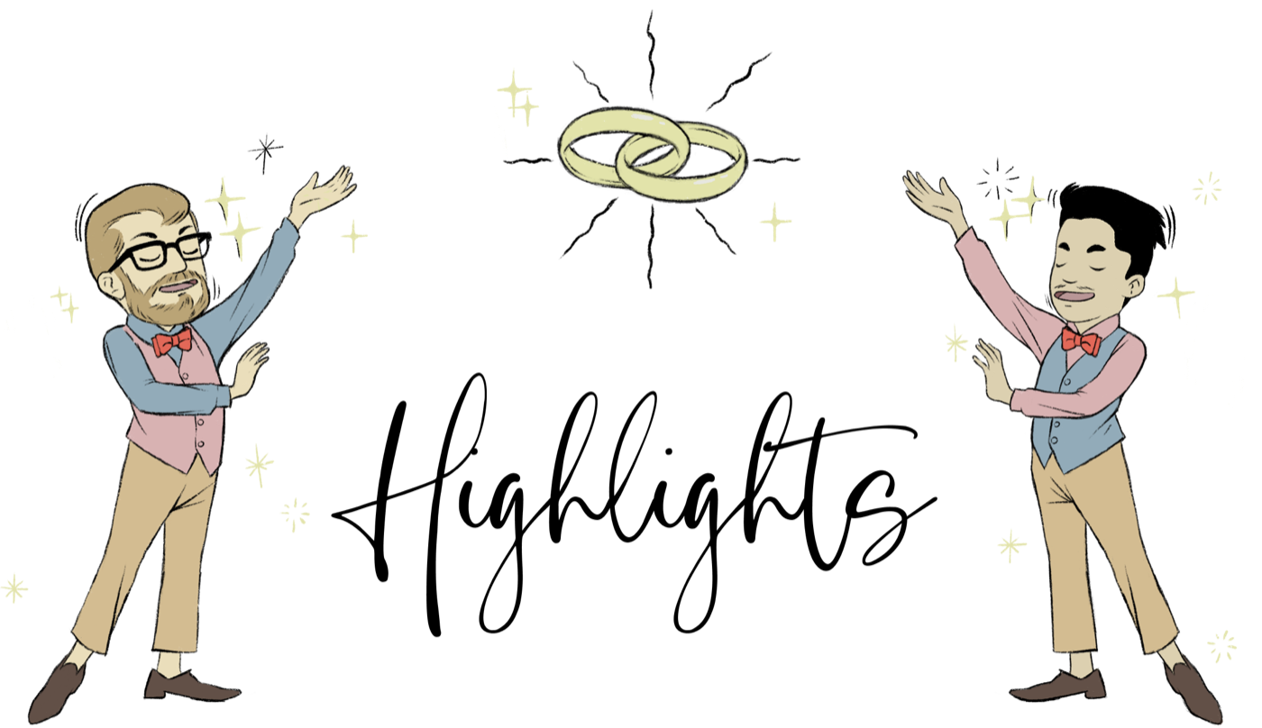 Illustration of David and Yinja tossing two wedding rings between them, under the hand-lettered word Highlights